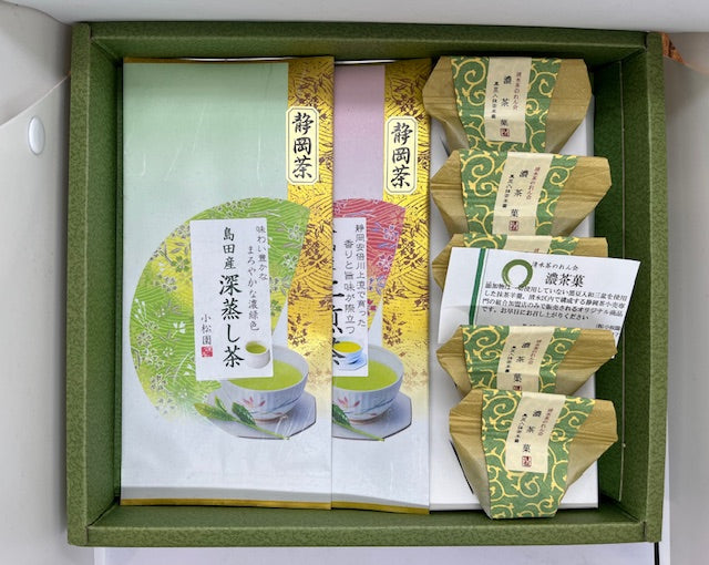 本山産上煎茶富士が峰・島田産上深蒸し煎茶駿河路各90g袋入・濃茶菓5個平箱入